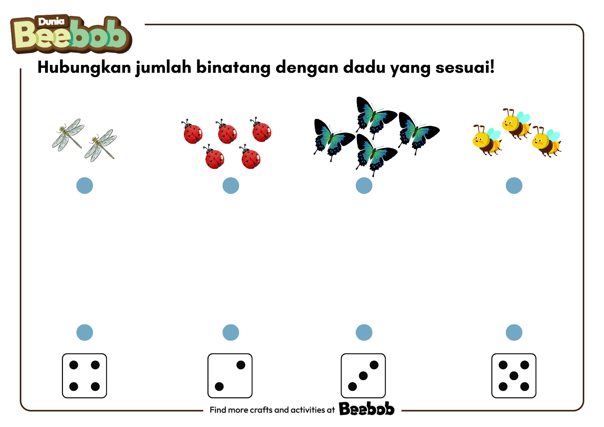 Hubungkan Jumlah Binatang dengan Dadu yang Sesuai!