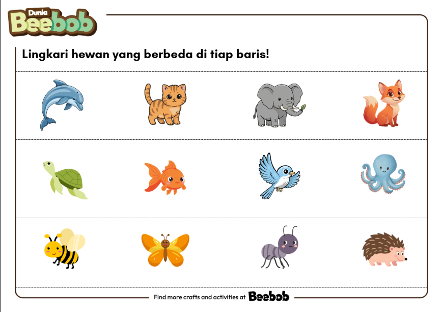 Lingkari Hewan yang Berbeda di Tiap Baris!