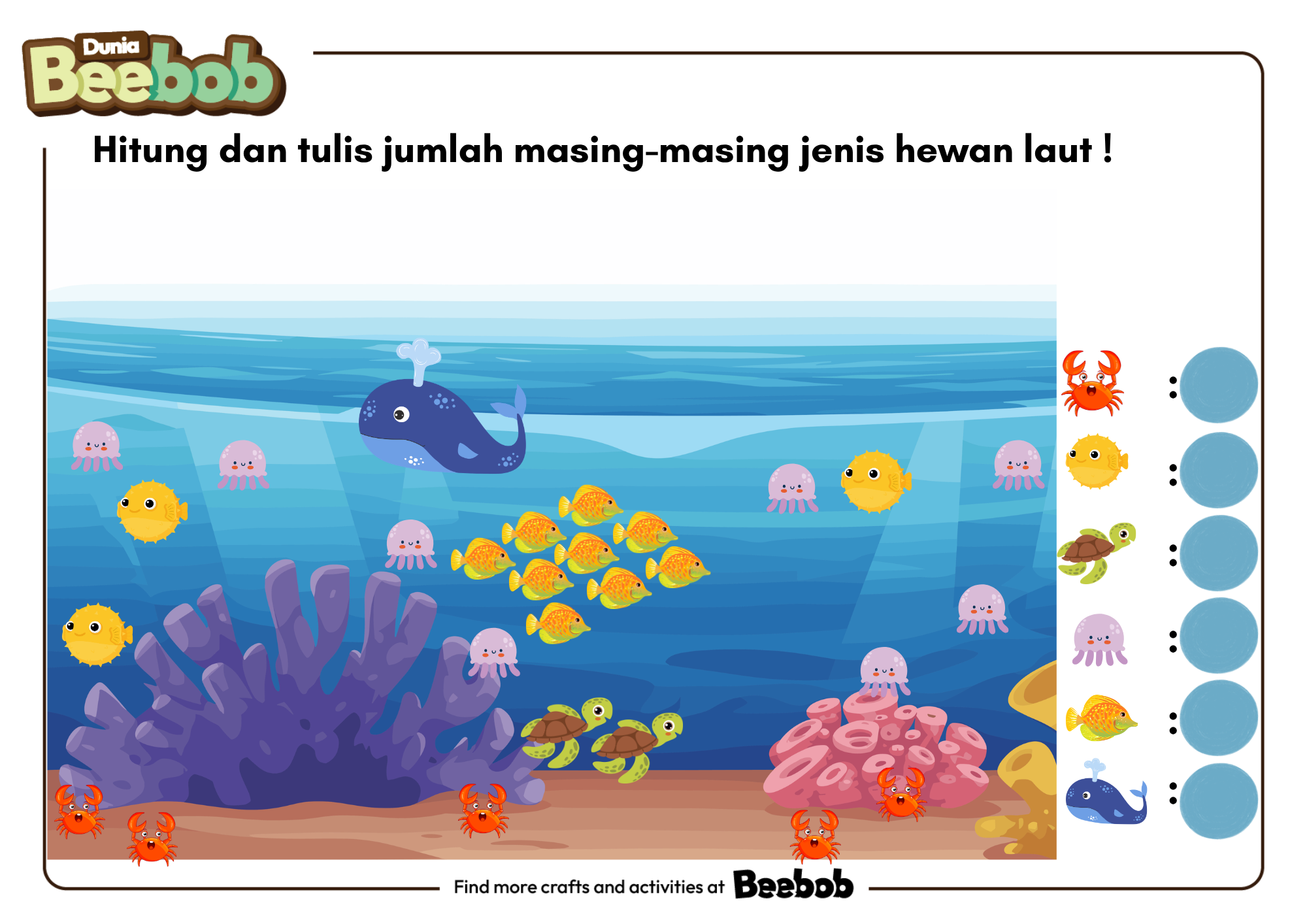 Hitung dan Tulis Jumlah Masing-Masing Jenis Hewan Laut!
