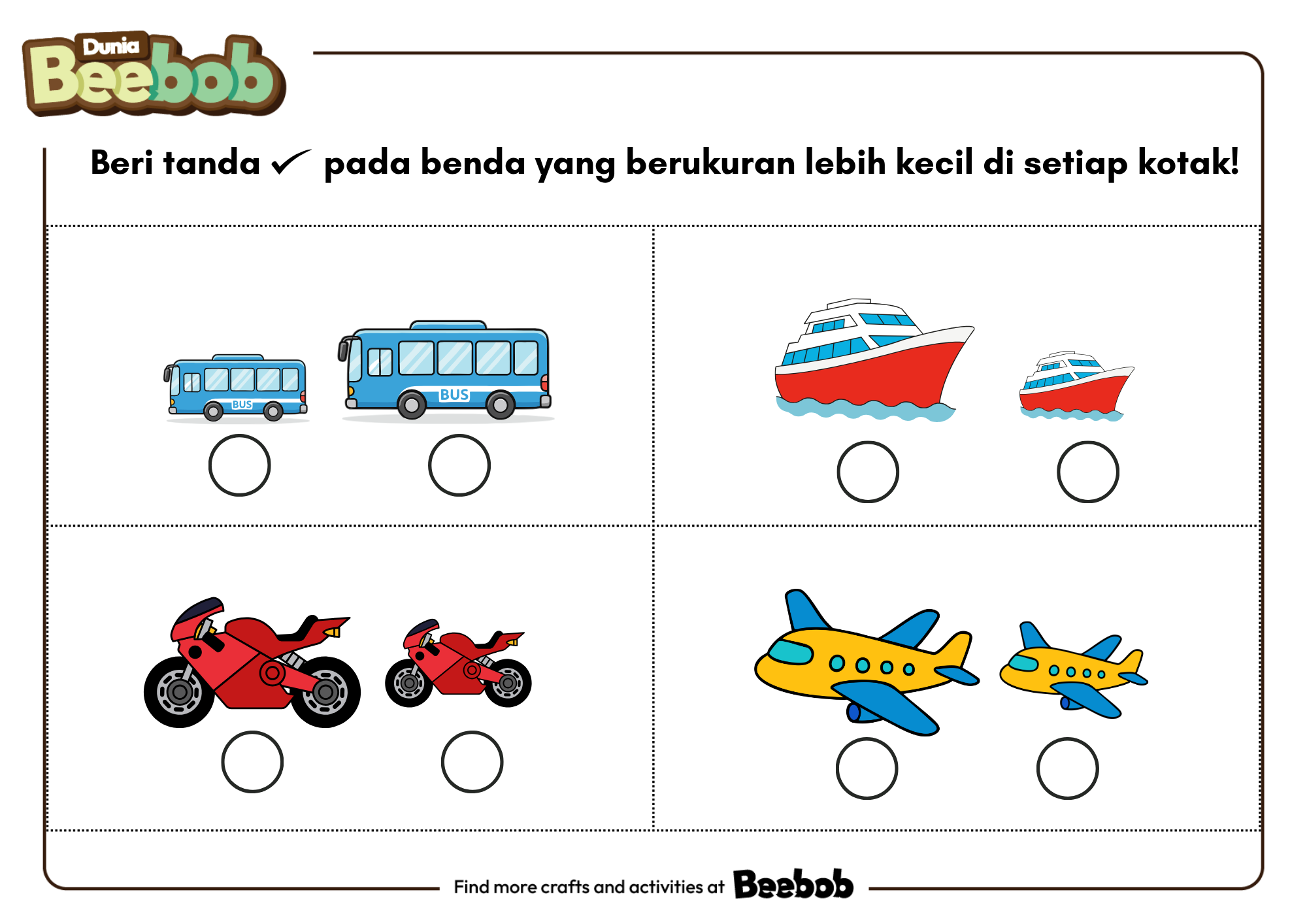 Beri Tanda Ceklis pada Benda yang Berukuran Lebih Kecil di Setiap Kotak!